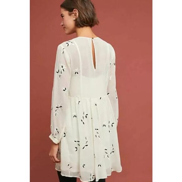 Feather Bone Anthropologie Feuille Embroidered Tunic Dress Ivory Womens Size 8 - Picture 2 of 10